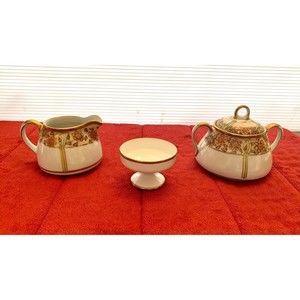 ANTIQUE Noritake Sugar w/Lid, Creamer, Dish, Gold Bead Trim Nippon M-in-Wreath